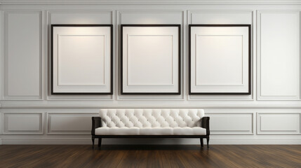 three empty blank white frames in a room or gallery with a couch