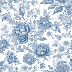 Toile de jouy pattern with countryside views with castles and houses and landscapes with trees, river and bridges with road in blue color Generative Ai