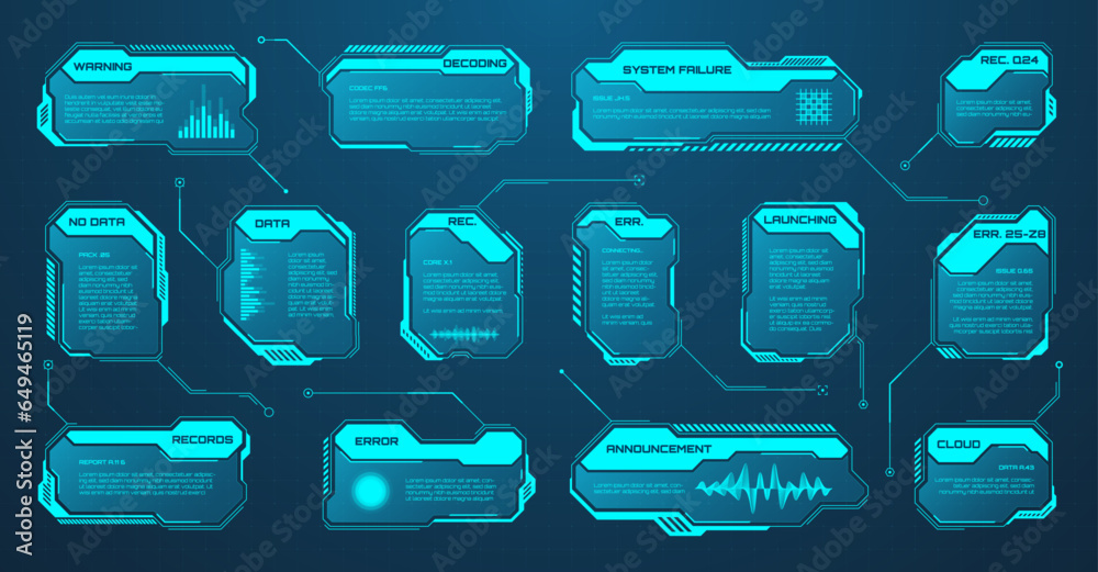 Poster Blue futuristic HUD or UI elements. Sci-fi user interface text boxes, callouts. Warning message frames, information boxes template. Modern game interface layout in digital style. Vector illustration