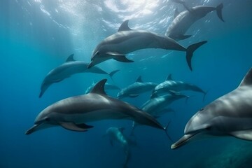 An image featuring a group of dolphins swimming together. Generative AI