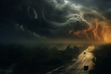 Scene of a dramatic highway during an intense hurricane tornado storm. Generative AI