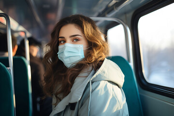 Prevention of the outbreak of the coronavirus in 2023. Portrait of a young European woman wearing a mask in city public transport. Prevent pollution and disease concept.