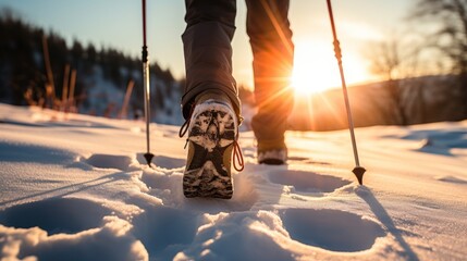 Shoes of a hiker in the snow with hiking sticks, forest, winter, sunset - obrazy, fototapety, plakaty