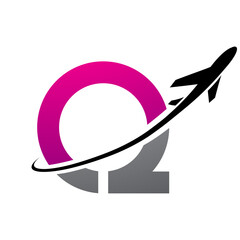 Magenta and Black Antique Letter Q Icon with an Airplane