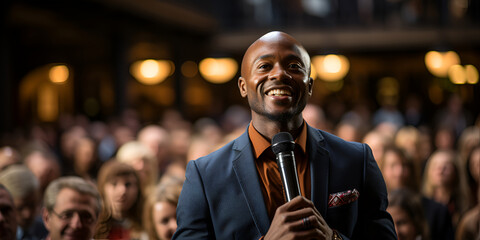 Handsome young fashionable man with a microphone in front of a large audience of listeners. Orator, coach, mentor. Motivational speaker with microphone performing on stage, closeup - obrazy, fototapety, plakaty