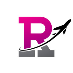Magenta and Black Antique Letter R Icon with an Airplane