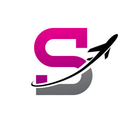 Magenta and Black Antique Letter S Icon with an Airplane