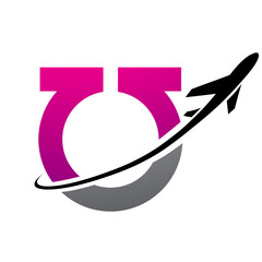 Magenta and Black Antique Letter U Icon with an Airplane