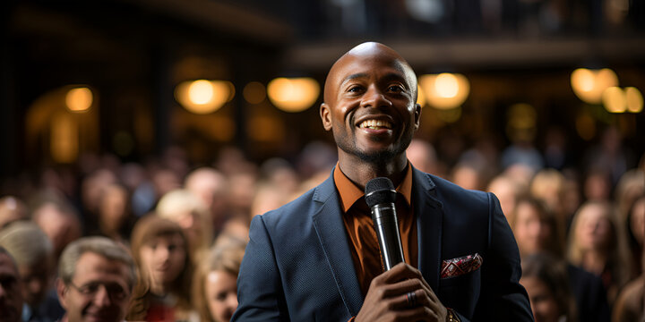 Handsome young fashionable man with a microphone in front of a large audience of listeners. Orator, coach, mentor. Motivational speaker with microphone performing on stage, closeup