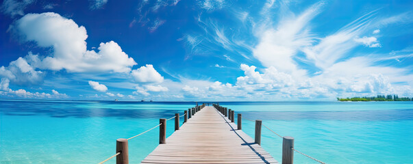 wooden pier on tropical summer beach. Blue sky holiday banner. copy spce for text - obrazy, fototapety, plakaty