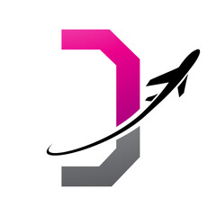 Magenta and Black Futuristic Letter D Icon with an Airplane