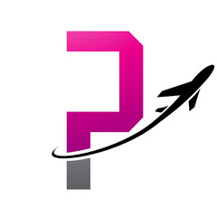 Magenta and Black Futuristic Letter P Icon with an Airplane