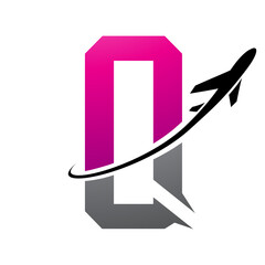 Magenta and Black Futuristic Letter Q Icon with an Airplane