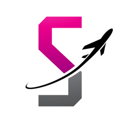 Magenta and Black Futuristic Letter S Icon with an Airplane