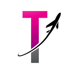 Magenta and Black Futuristic Letter T Icon with an Airplane