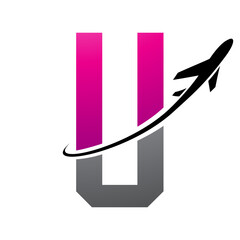 Magenta and Black Futuristic Letter U Icon with an Airplane