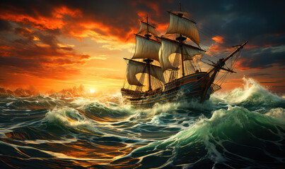 Obraz premium Majestic Vessel Confronting the Overwhelming Might of a Tempestuous Ocean - Generative AI