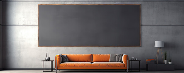 blackboard in grey design interior. Blank dark frame on wall