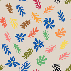 Fototapeta na wymiar Blue Matisse floral pattern, crooked leaves and red flowers.