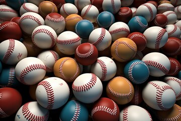 Panoramic view of various baseballs. 3D illustration showing a pile of baseballs. Generative AI
