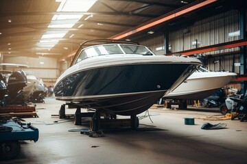 A spacious motorboat on a trailer undergoing maintenance at a boat hangar. Ideal for leisurely fishing and luxurious recreation. Generative AI - obrazy, fototapety, plakaty