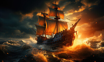 Obraz premium Majestic Vessel Confronting the Overwhelming Might of a Tempestuous Ocean - Generative AI