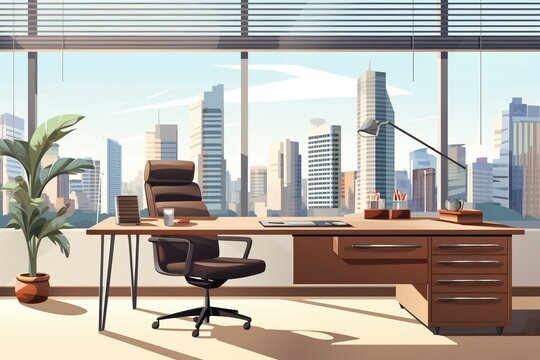 Modern city office with blinds, cityscape, furniture, equipment. Workspace concept. Generative AI