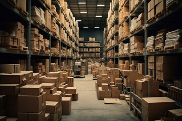 Numerous boxes stored in shelves within a warehouse. Generative AI