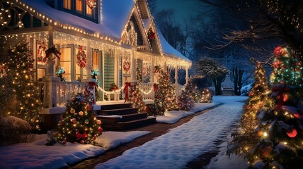  House with colorful Christmas lights and decorations - obrazy, fototapety, plakaty