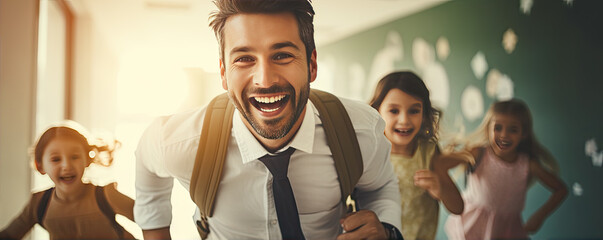 Happy teacher running with children in school towards camera. People in school run through vestibule in motion.