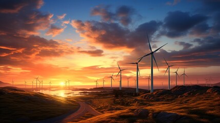A panoramic view of a clean energy wind farm against a sunset sky.
