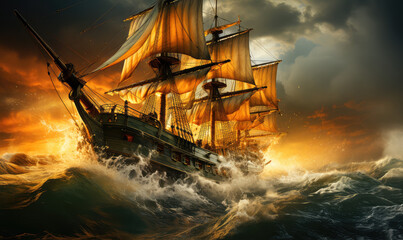 Obraz premium Majestic Vessel Confronting the Overwhelming Might of a Tempestuous Ocean - Generative AI
