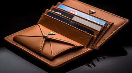 A stylish leather wallet opened to reveal credit cards and money.
