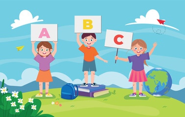 Vector illustration of joyful schoolchildren. Cartoon scene with a boy and a girl standing on a lawn, holding signs with letters, a briefcase, books, a small planet, a paper airplane in the sky.