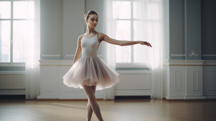 Ballerina, studio, arm extended, dance, ballet, grace, pose, performance, elegance, art, balance, discipline