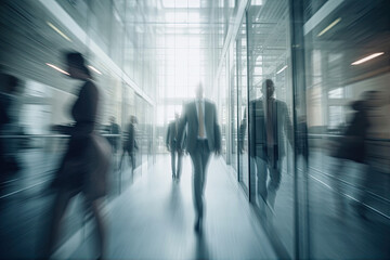 Motion blur view of large lobby with glass walls in a corporate building with people in formal suits moving by pressing business.