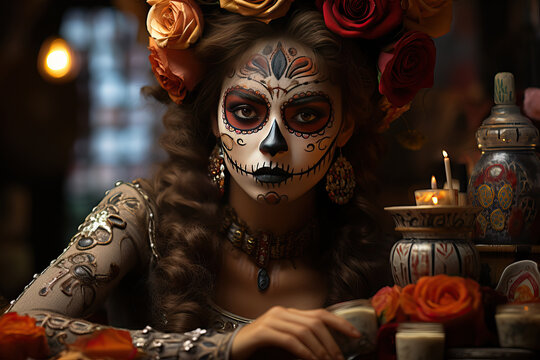 Photo of lady with painted face in form of sugar skull and hat with flowers sitting at table with painted vases on the Day of the Dead. Portrait of Katrina Calavera. Halloween outfits and cosmetics