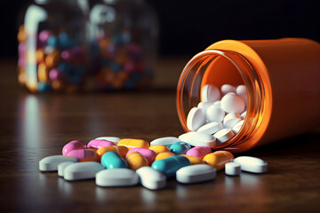 Colorful pills or tablets and capsules spilling out of a bottle with pharmaceutical medicine for diseases on a dark background.
