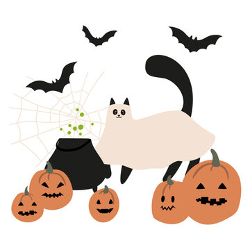 Halloween vector illustration with characters and pets in costumes, October festival scenes, Outdoor party flat style images clipart, digital download, black kids witch ghost skeleton cat dog clip art