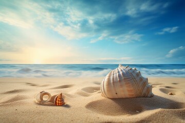 Fototapeta na wymiar Scenic sand beach with a shell that looks like a battery. Generative AI