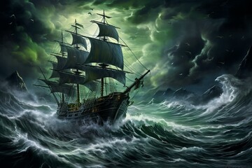 An eerie pirate ship, surrounded by stormy waves at night, floats in the sea against a black, white, and green backdrop. Generative AI