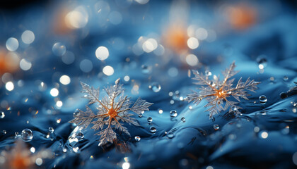 Glowing leaf drop, wet with dew, reflects vibrant autumn beauty generated by AI
