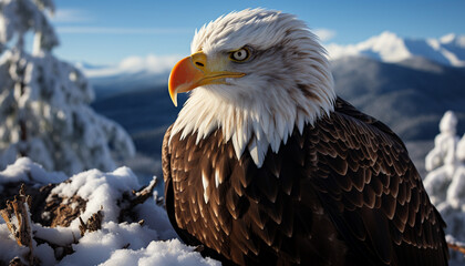 Majestic bald eagle flying over snowy mountain landscape generated by AI