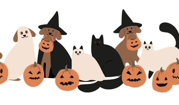 Halloween party border clipart, Kids and pets in costume vector illustration, Pumpkin face border clip art, Cute october festival seamless pattern, Flat style images, witch ghost skeleton cat dog.