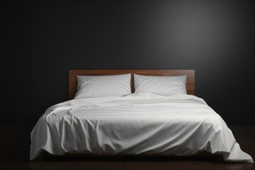 Close-up front view of a contemporary bed with white blanket cloth on a dark background, isolated on a white backdrop. Generative AI - obrazy, fototapety, plakaty