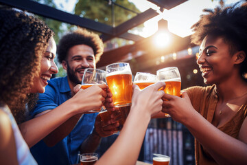 Group of friends toasting with beer in a pub. Cheerful young people drinking beer and having fun together. Selective focus.  