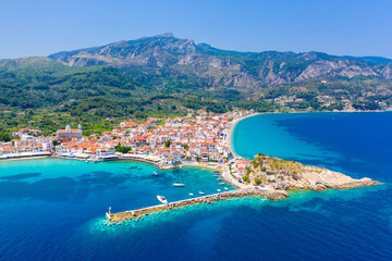 View of Kokkari fishing village with beautiful beach, Samos island, Greece - 649467980