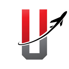 Obraz premium Red and Black Futuristic Letter U Icon with an Airplane