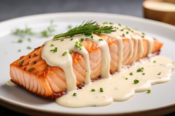 A piece of cooked salmon fish filet steak with sour cream bechamel sauce and fresh green dill,...