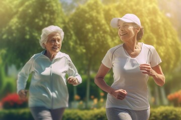 Close up of happy running elderly womens, in sportswear, in the autumn in the park